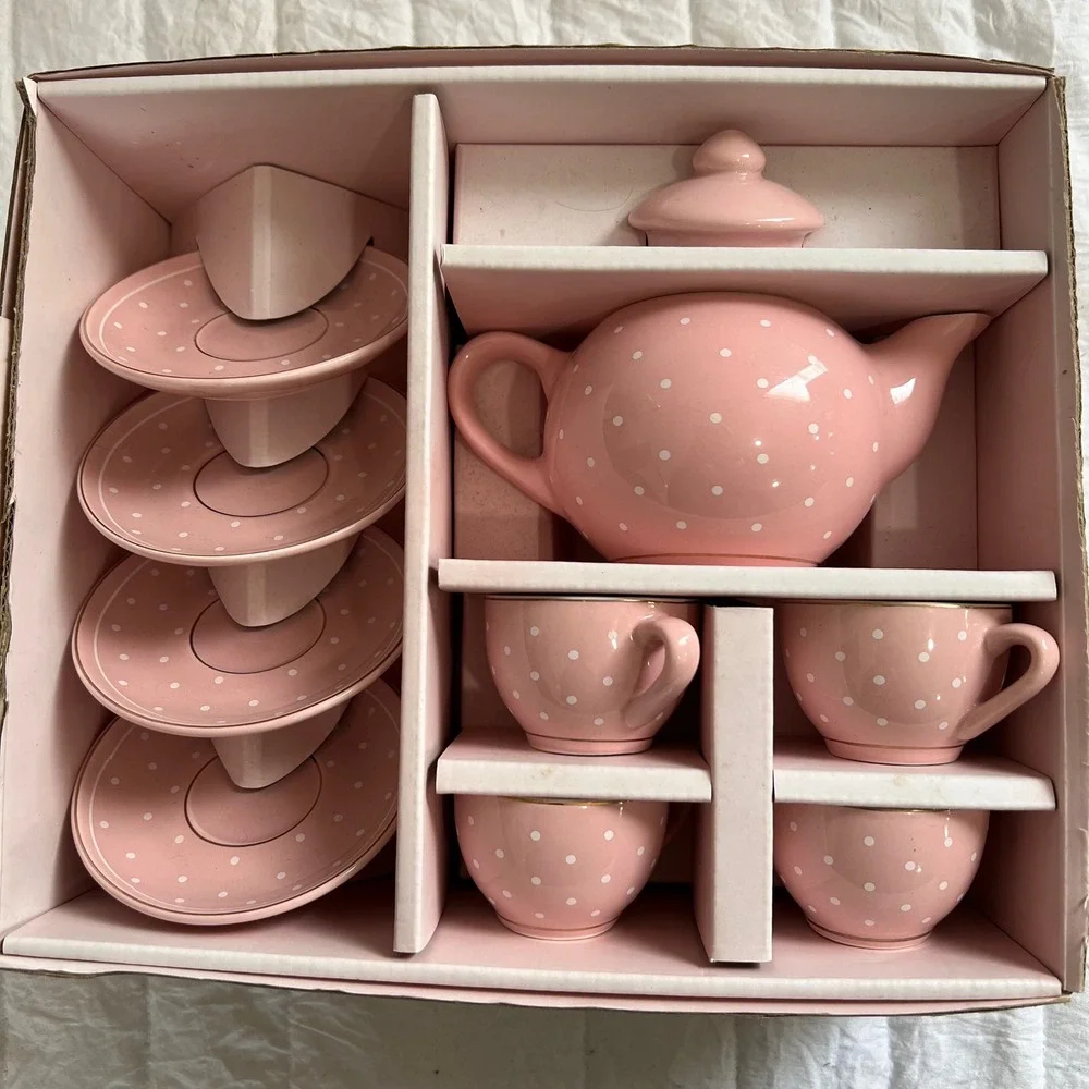 Pink Polka Dot Ceramic Tea Set 9 Piece Teapot Cups Saucers Shabby Chic Gold Trim